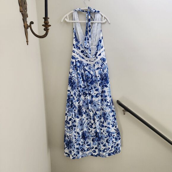 Women's SZ 8 London Times Blue Floral Halter Ruched Maxi Dress Beach Summer - Picture 4 of 8